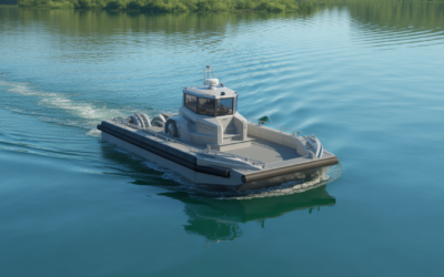 Small hydraulic dredge efficiently maintaining a clear marina, symbolizing waterway restoration and sediment removal.