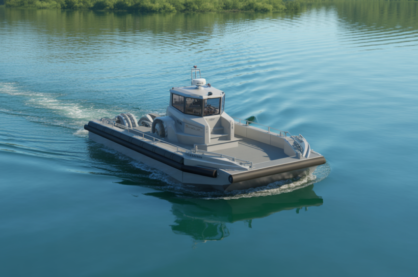 Small hydraulic dredge efficiently maintaining a clear marina, symbolizing waterway restoration and sediment removal.