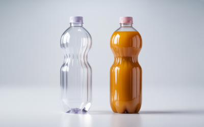 Clear PET juice bottle preform next to a full, clear juice bottle, highlighting the transformation from preform to final product.