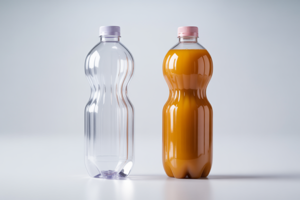 Clear PET juice bottle preform next to a full, clear juice bottle, highlighting the transformation from preform to final product.
