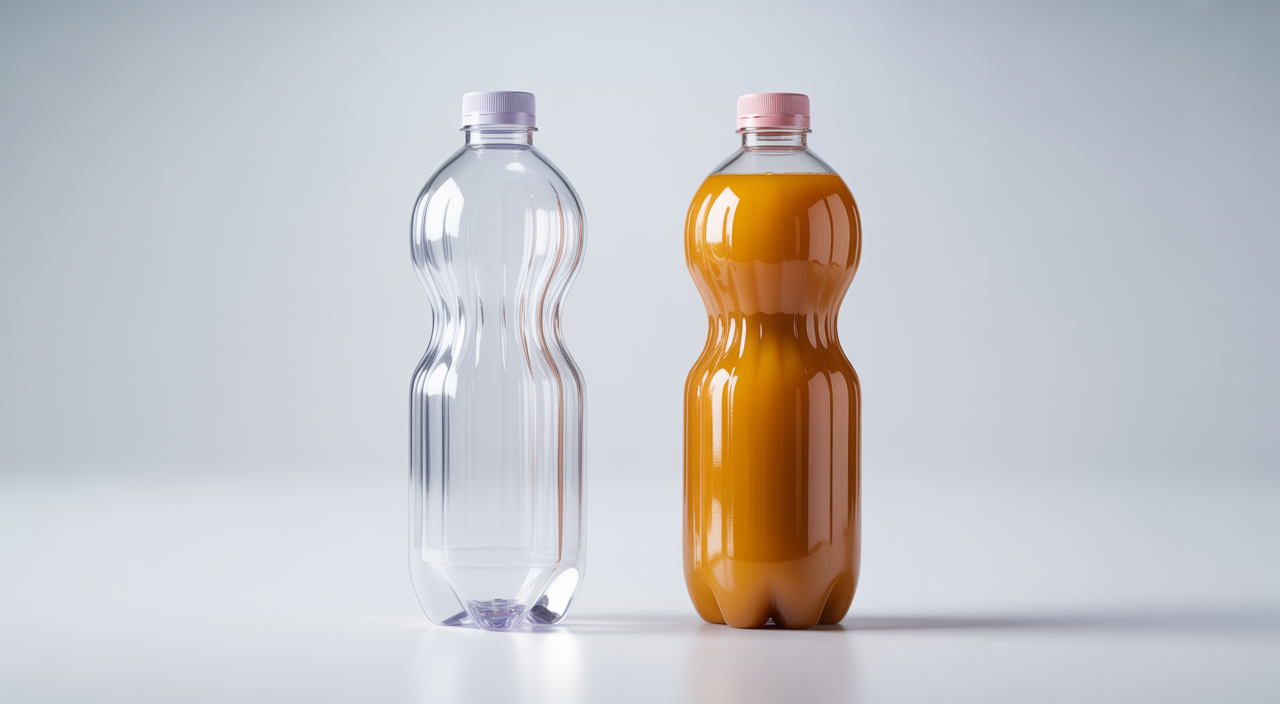 Clear PET juice bottle preform next to a full, clear juice bottle, highlighting the transformation from preform to final product.