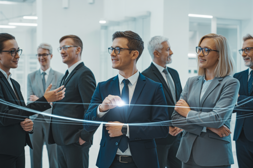 Professional business team collaborating in a modern office, representing cybersecurity protection and strategic data security for Canadian businesses.
