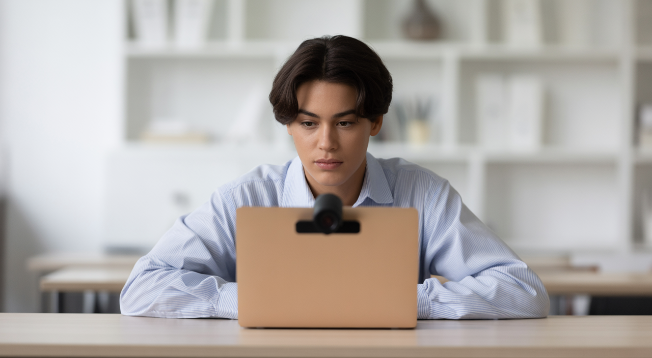 Student taking a secure online proctored exam with a webcam.
